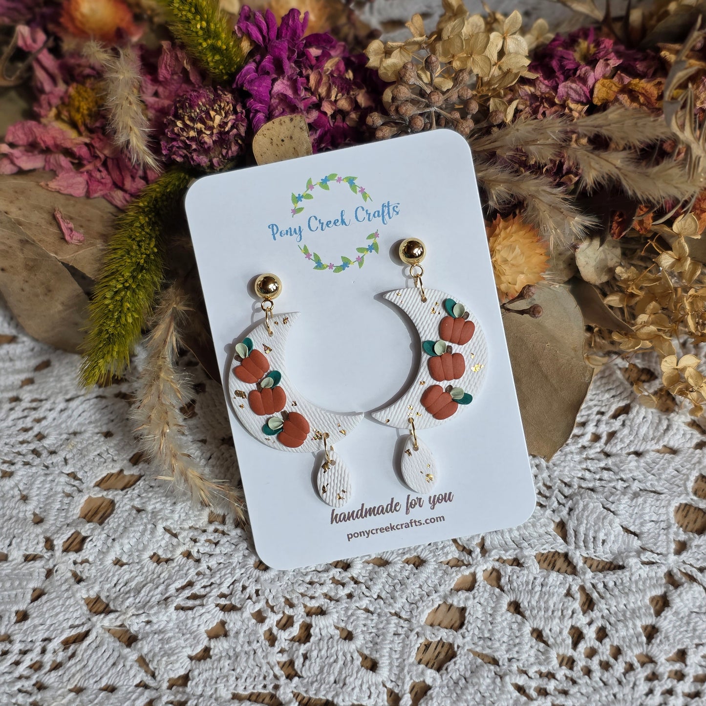 Fall moons with pumpkin and teardrop accents