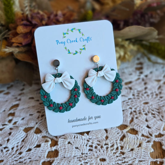 Winter wreath with white bow and red berry accent earrings