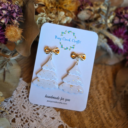 Christmas tree earrings in white with gold accents and gold accent bow findings