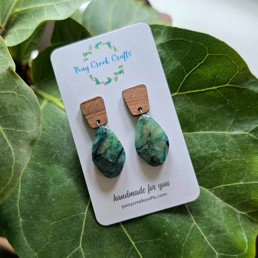 Serene blues and warm wood polymer clay earrings