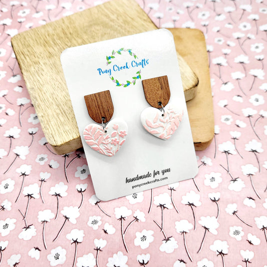 Pink floral embossed hearts with wood findings