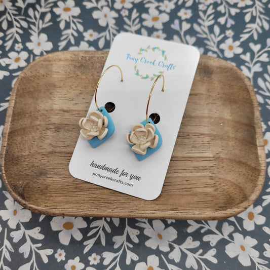 Florals in cream and blue with gold accent hoop findings