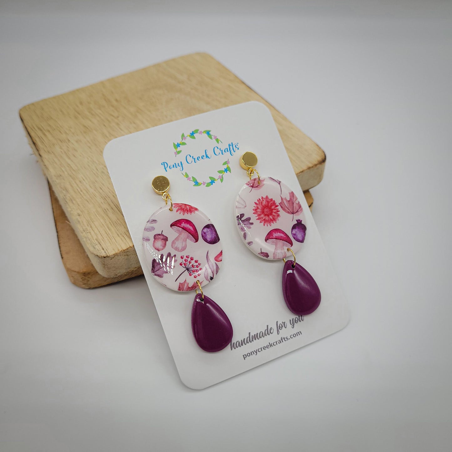 Fall inspired mushroom print statement earrings with dusty purple danges