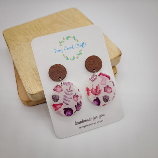 Oval shaped earrings in fall mushroom print with round wood findings