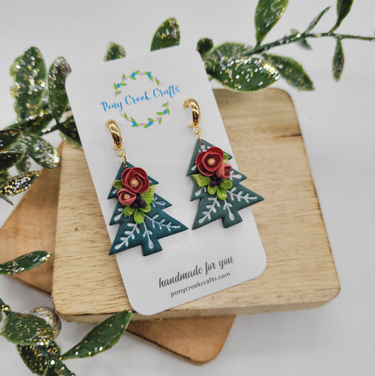 Holiday tree shaped earrings with floral and berry accents