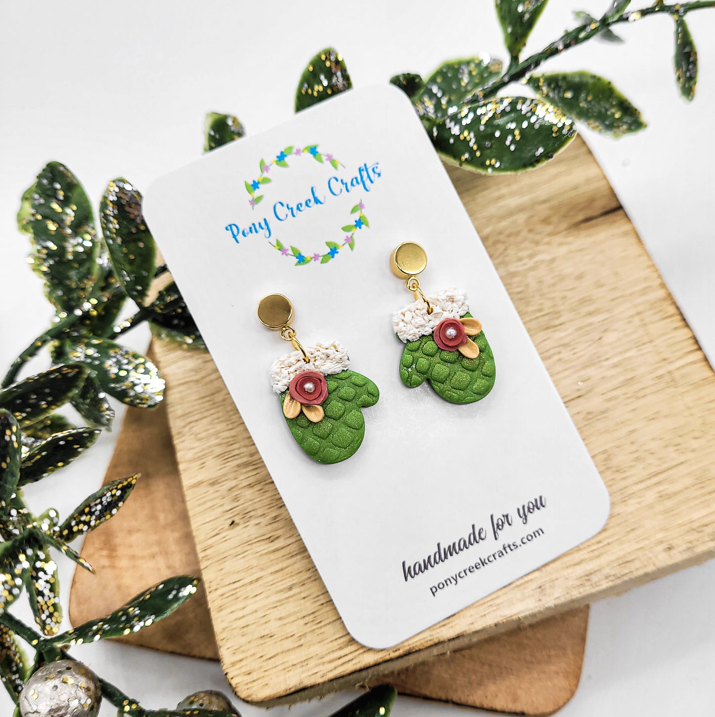 Holiday mitten earrings in lime green with floral accents