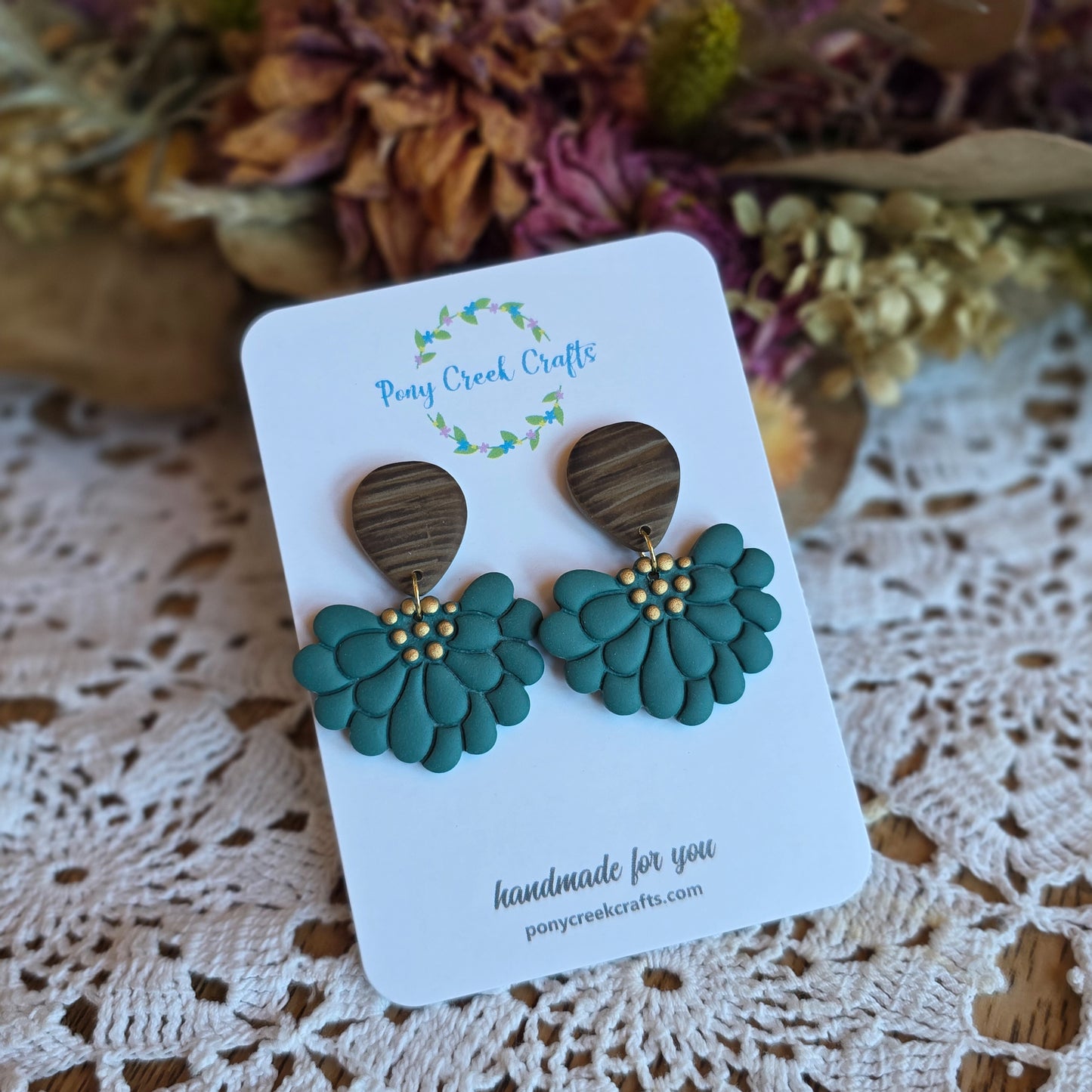 Pine and gold berry inspired earrings with faux wood findings