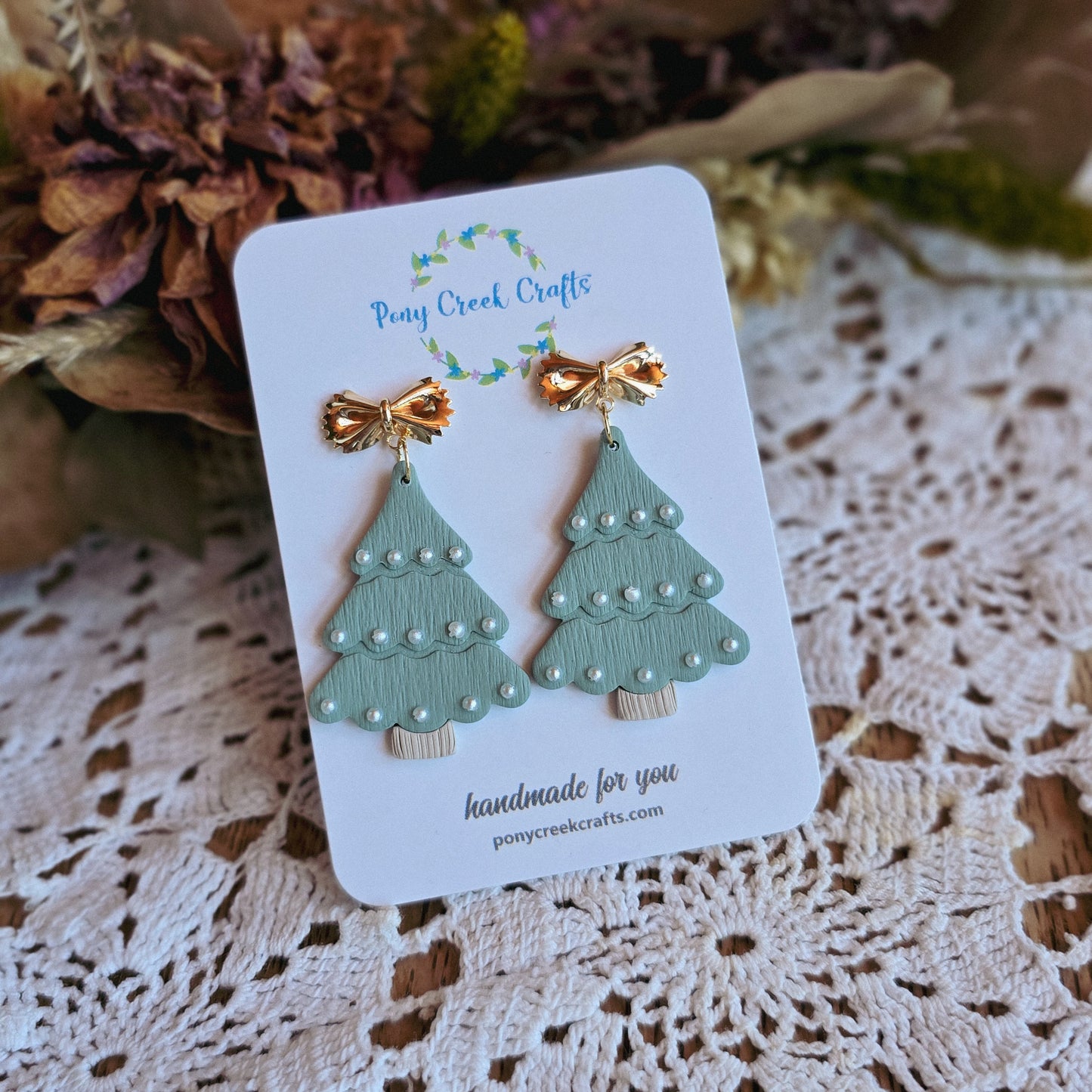 Christmas tree earrings in muted sage with pearl accents