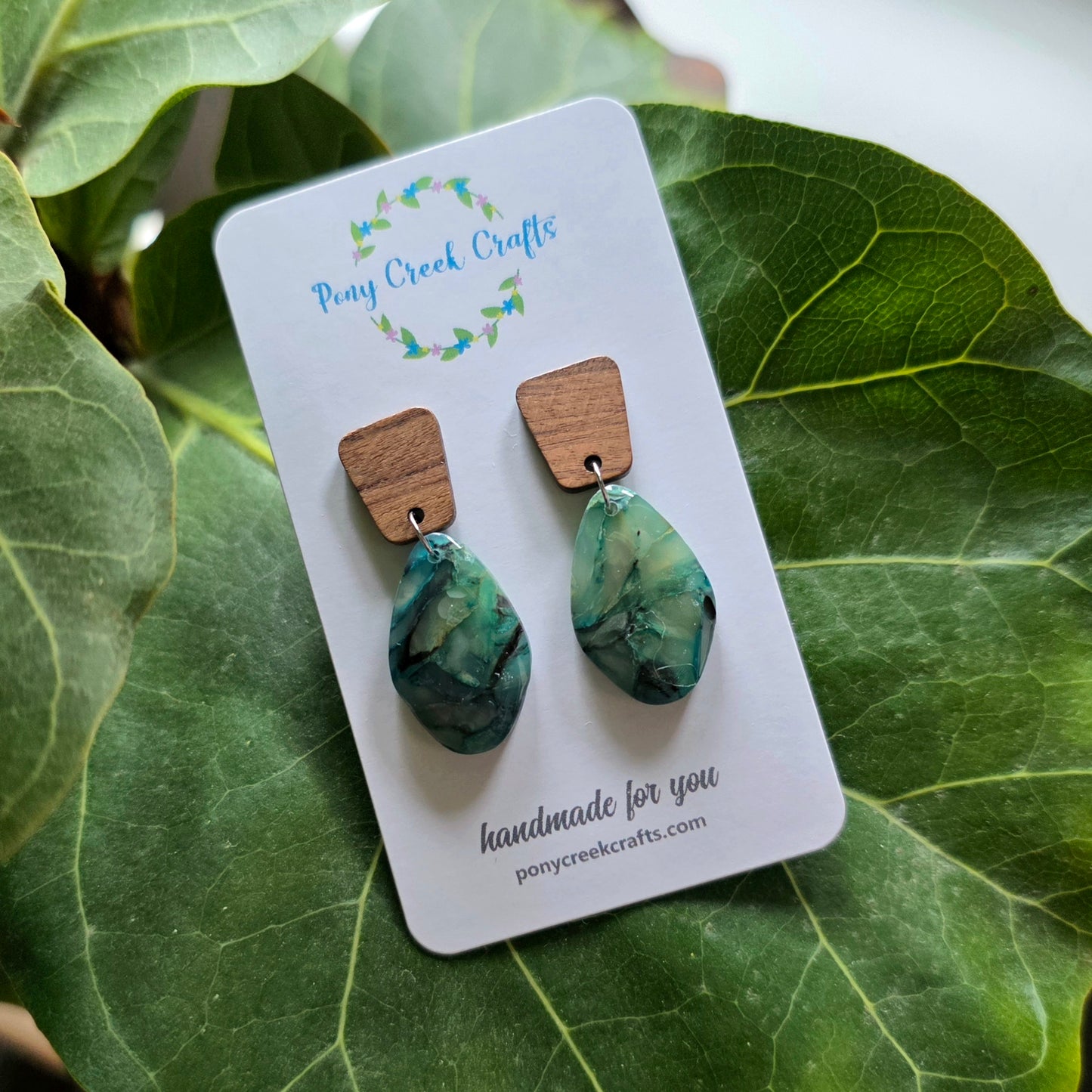 Serene blues and warm wood polymer clay earrings