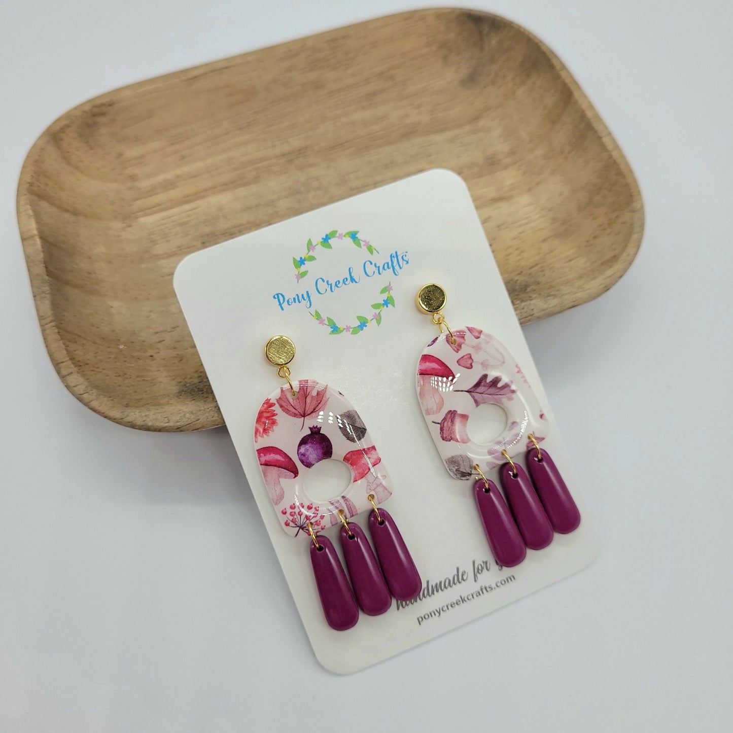 Arch statement earrings in fall mushroom pattern with dusty purple dangles